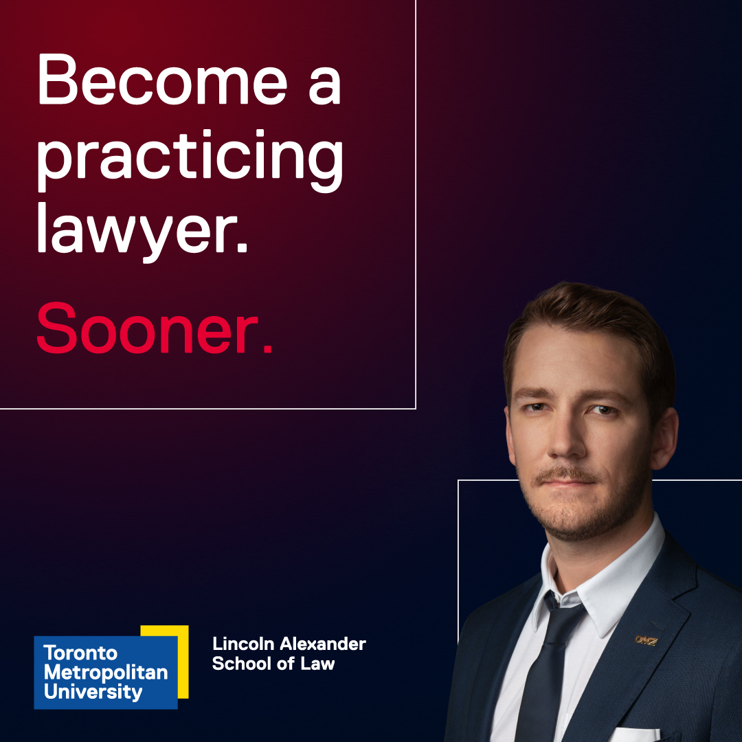 A man in a suit with the words "become a practicing lawyer. Sooner."