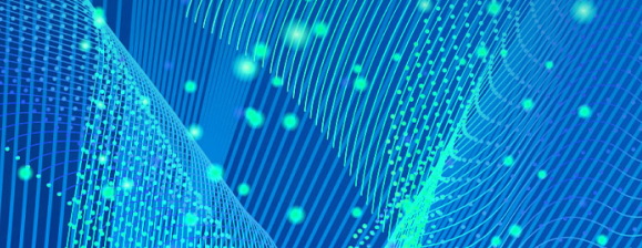 An abstract digital illustration with a high-tech or data-inspired theme. The image features layers of glowing teal and blue lines forming curved, mesh-like grids and waves.