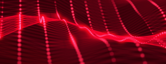 Abstract red digital wave pattern made of glowing lines and dots on a dark background.