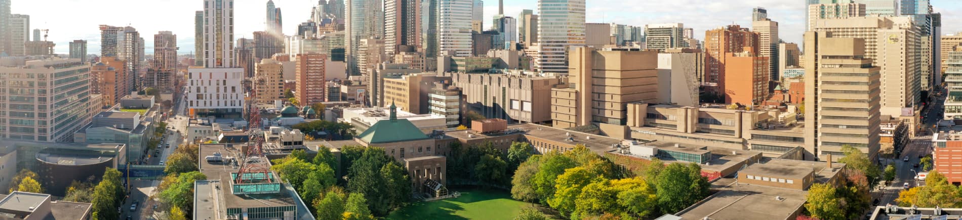 A wide panoramic shot of a dense urban skyline during the day. In the foreground, a lush green park with several large trees provides a natural contrast to the surrounding architecture. Behind the park, a variety of buildings - ranging from historic stone structures with green-tiled roofs to modern glass skyscrapers - stretch across the horizon under a bright, clear sky.