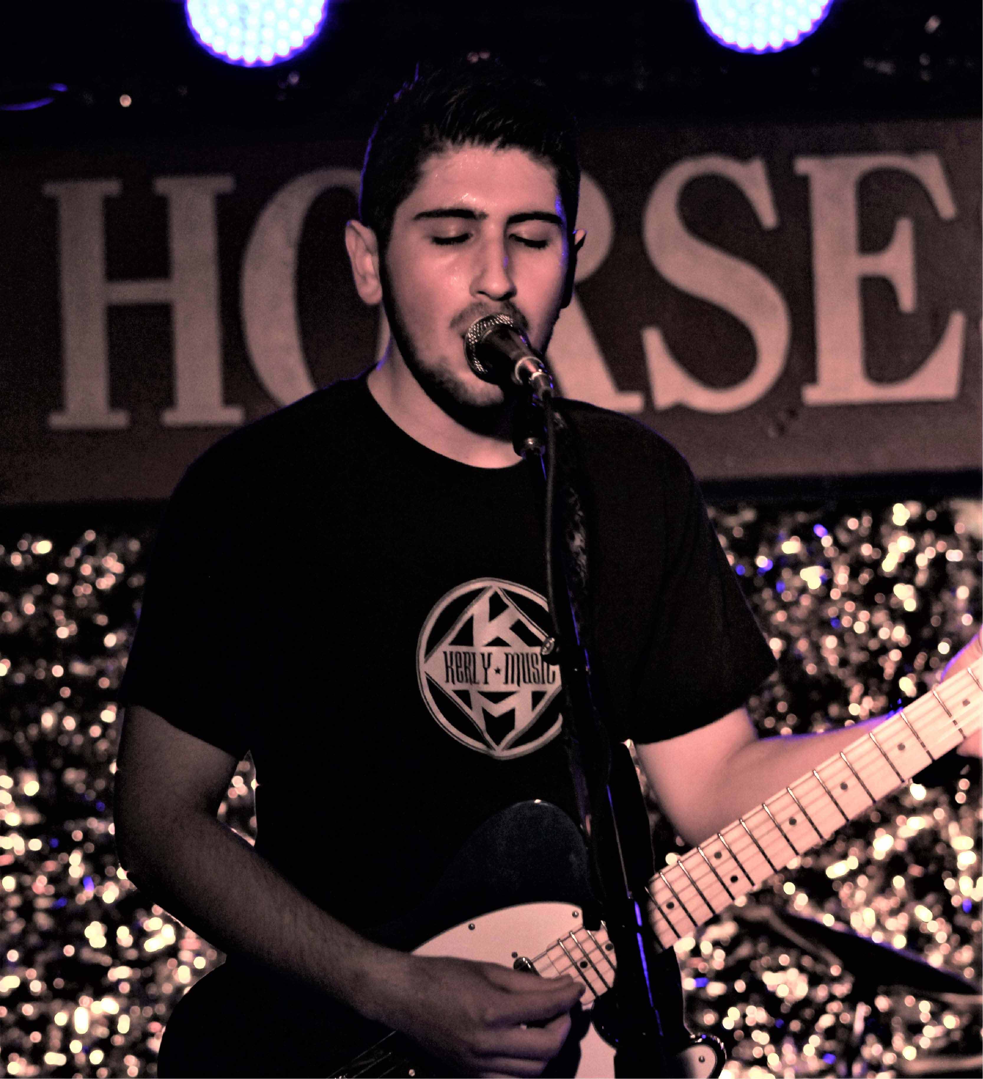 Man playing guitar and singing into a microphone.