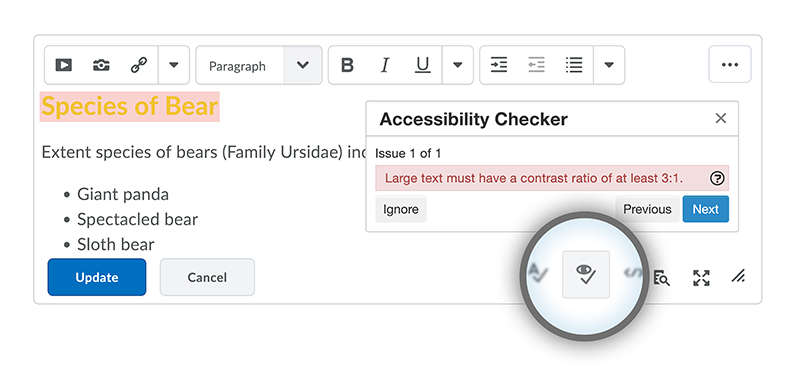 Screenshot of the D2L accessibility checker tool pointing out contrast errors.