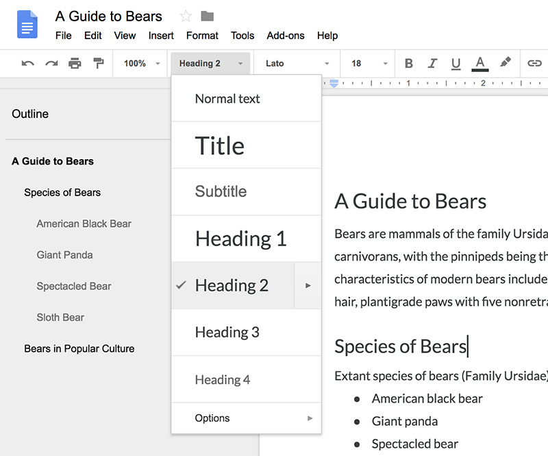 Screenshot of Google Docs interface showing different Heading Levels.