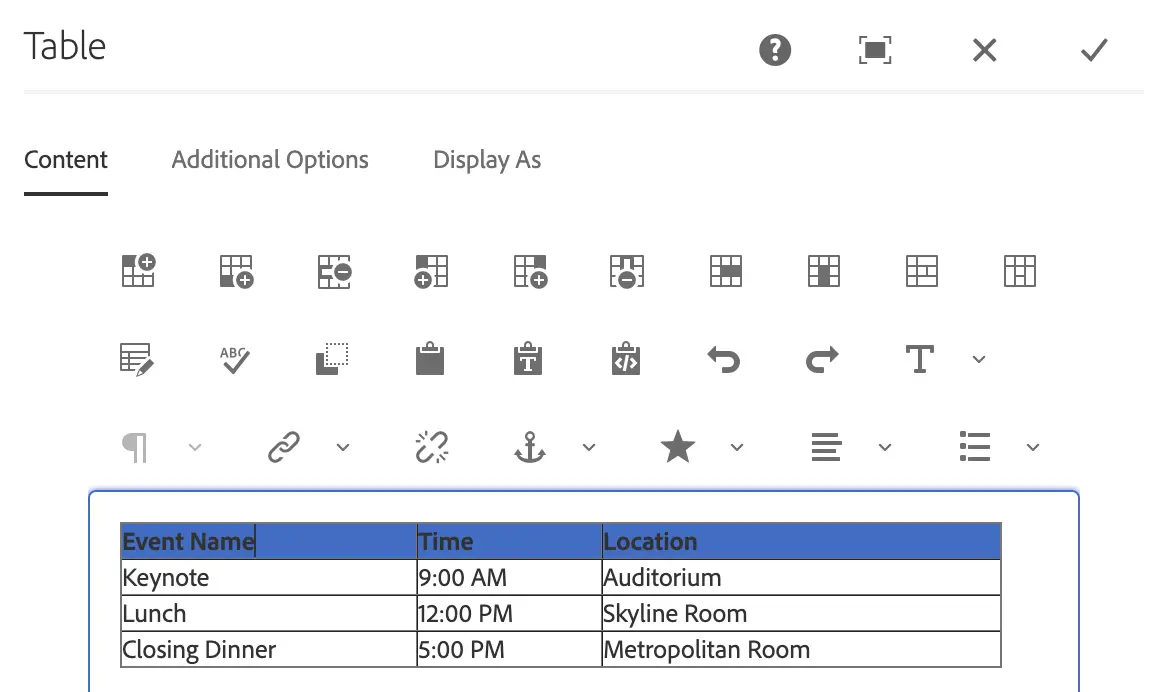 Screenshot of Adobe Experience Manager's table component. The header cells of the table are selected.