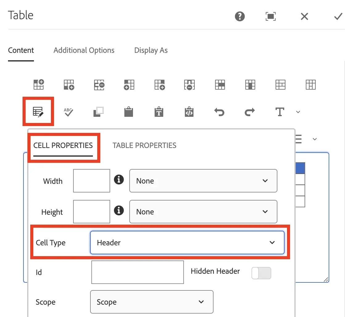 Screenshot of Adobe Experience Manager's Cell Properties within the Table Component.