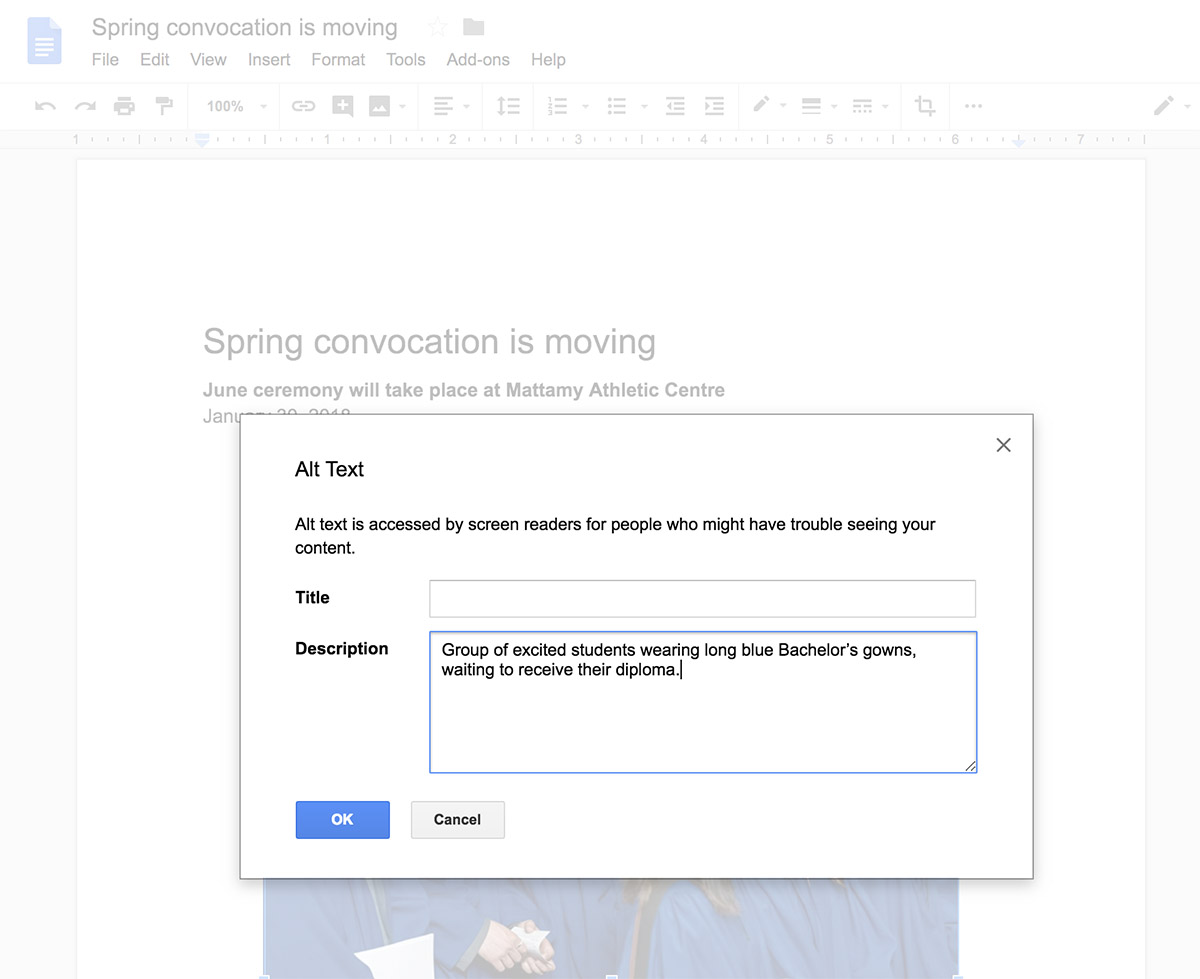 Screenshot of Google Docs. Second step is to add the alt text in the "Description" field. 