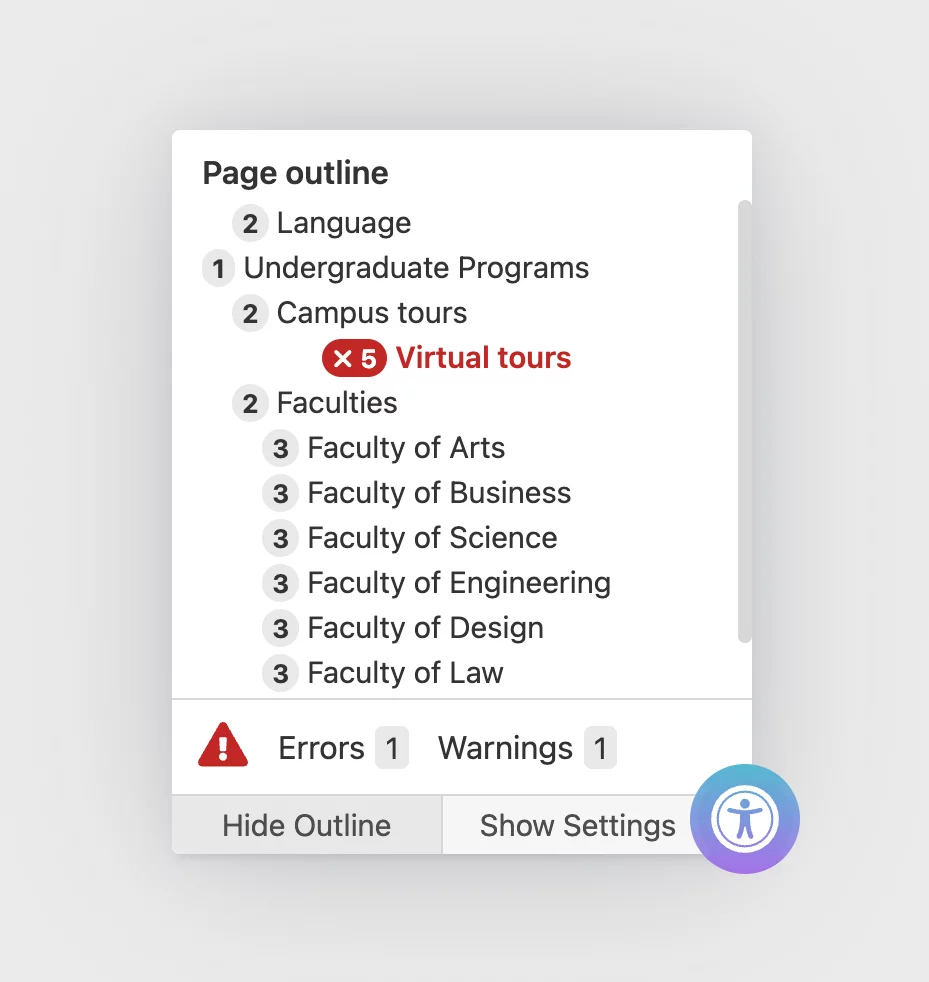 Screenshot of Sa11y's Page Outline feature showing a skipped heading error.