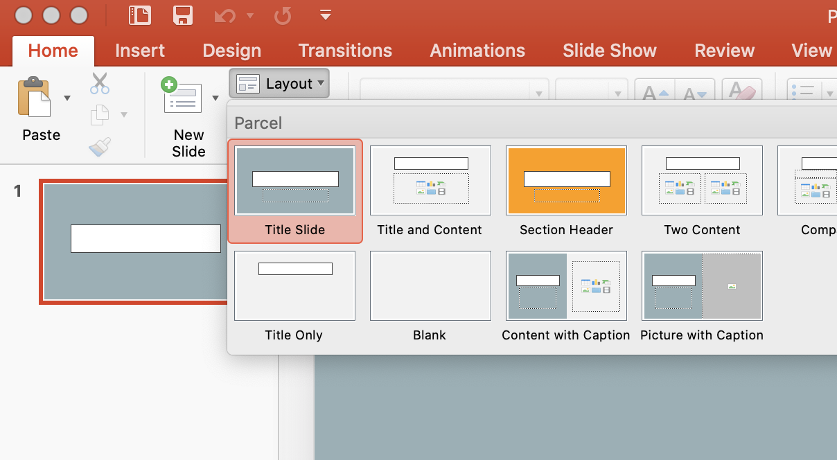 Screenshot of layouts pane in PowerPoint.