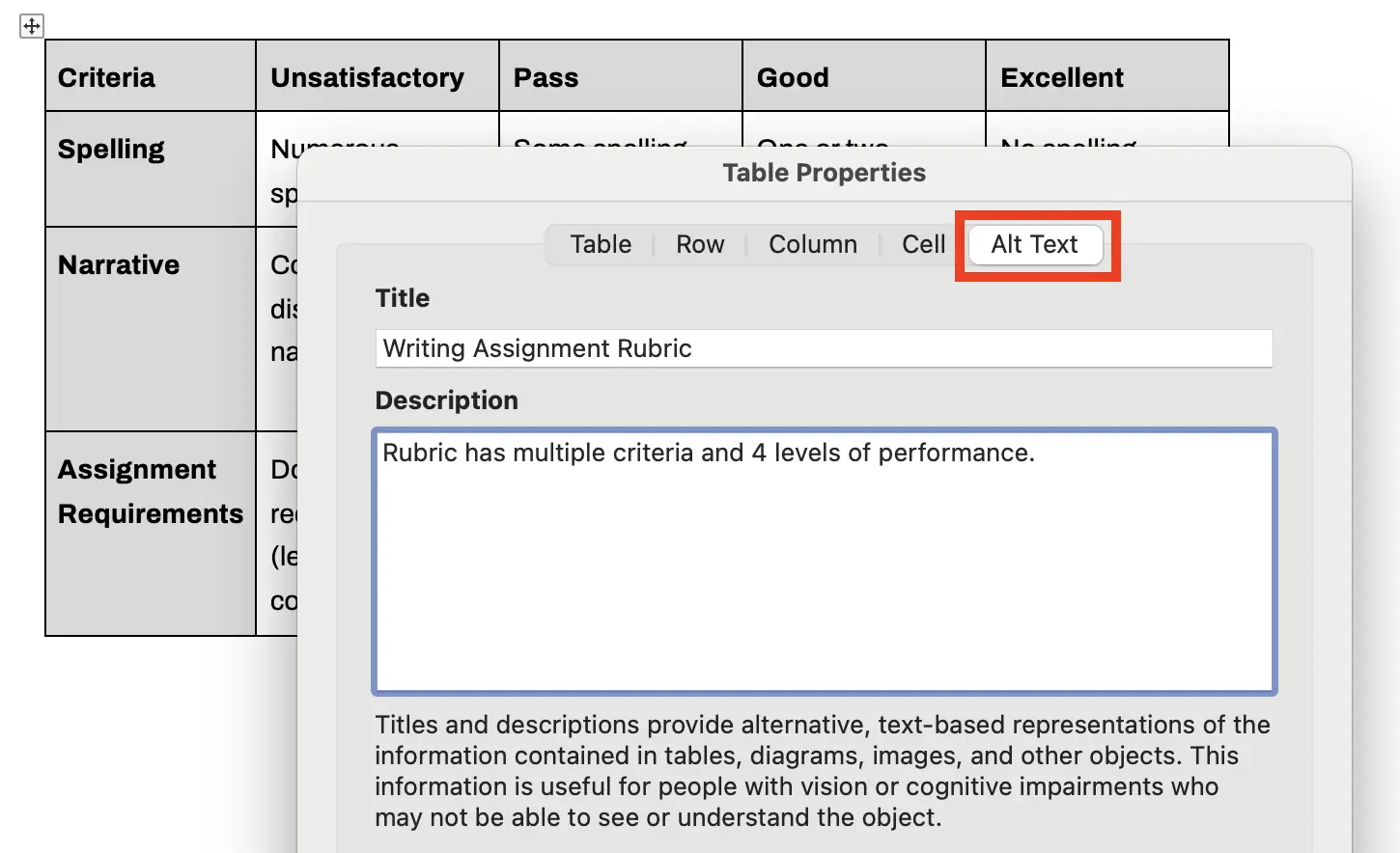 Screenshot of Microsoft Word's Table Properties modal within the Alt Text tab.