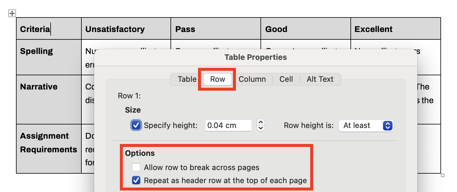 Screenshot of Microsoft Word's Table Properties window. Under the Row tab, Repeat as Header row at the top of each page is checked.