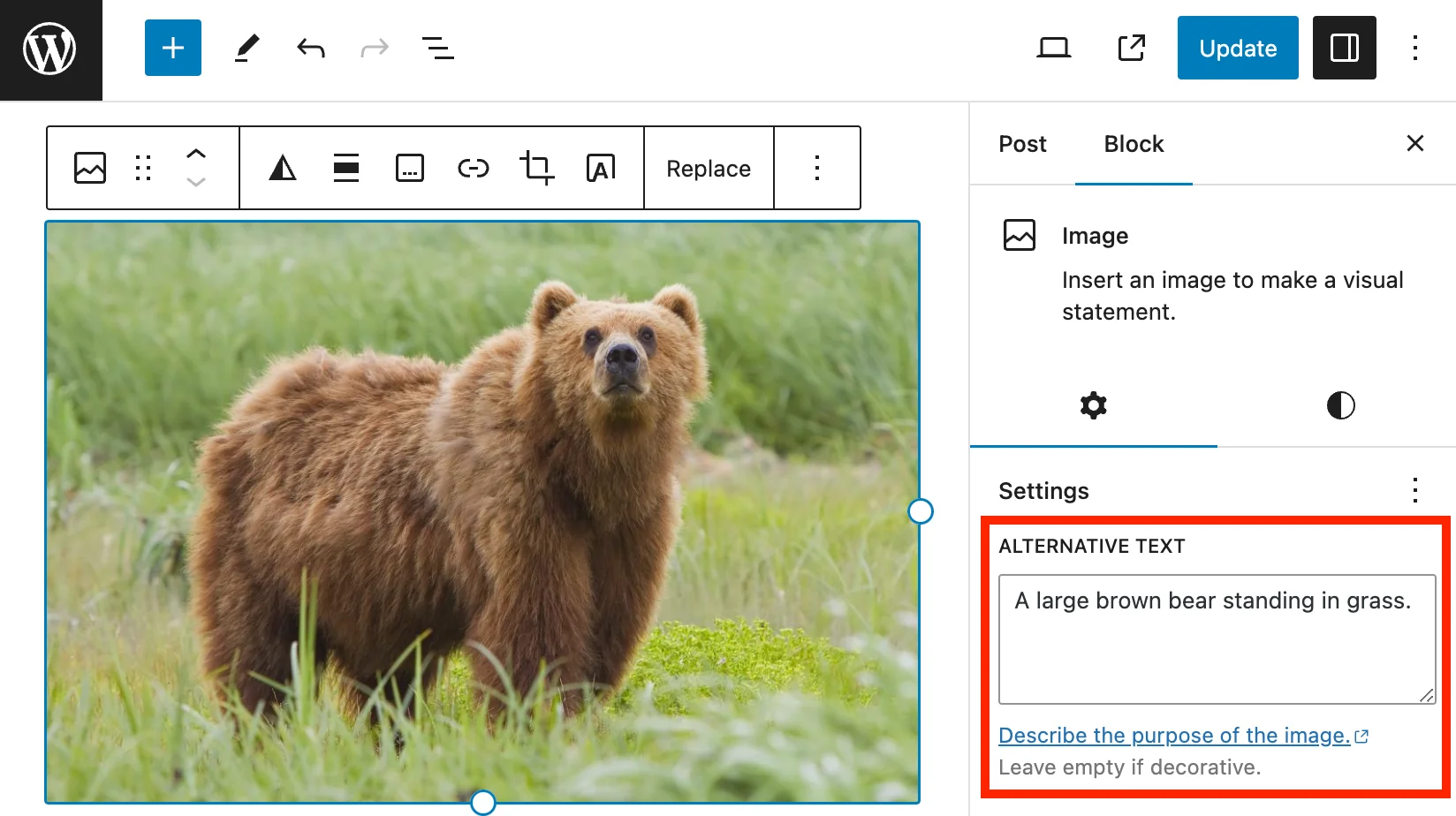 Screenshot of the WordPress page editor. An image is selected which displays the block settings for the image, which includes the Alt Text field.