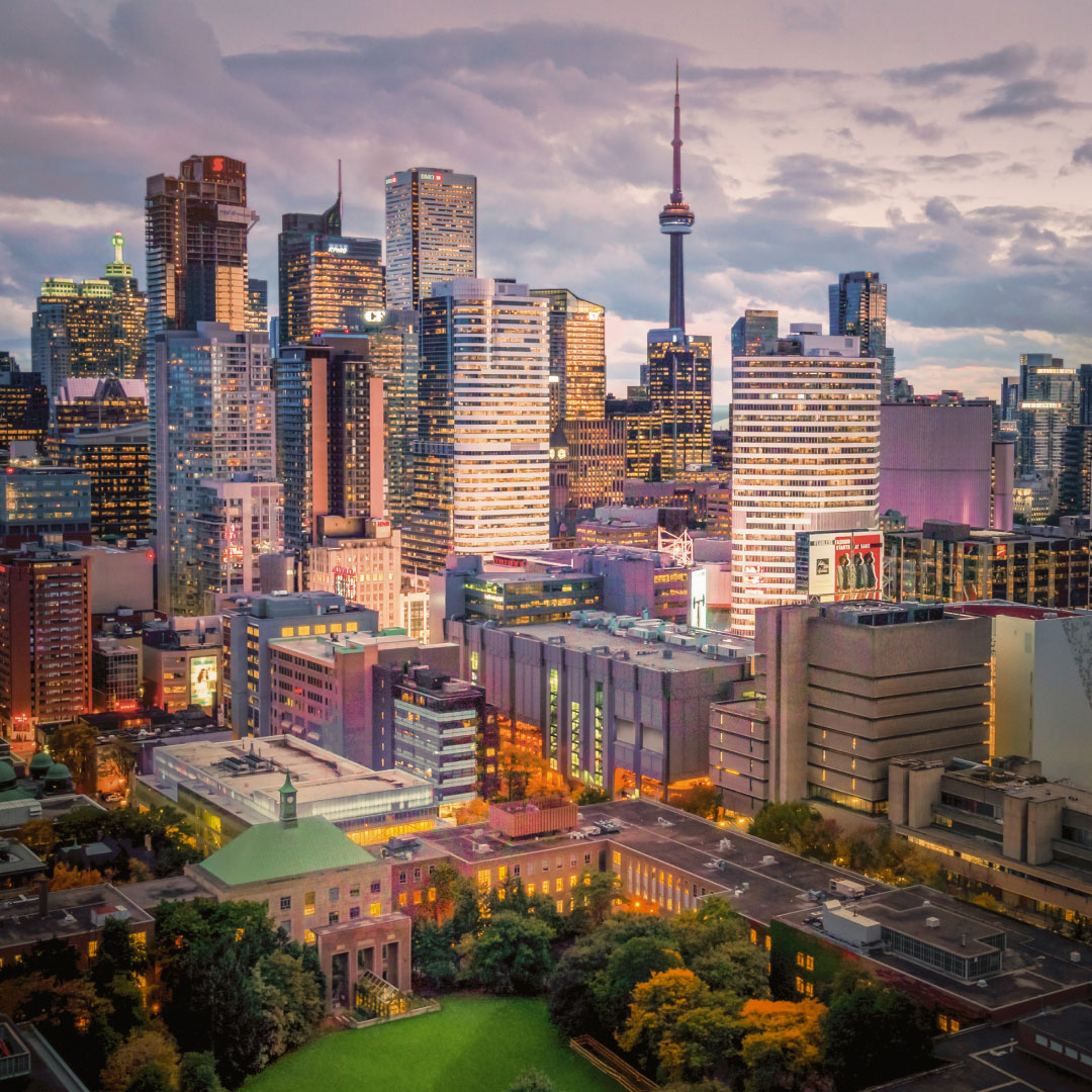 Picture of downtown Toronto inclusing TMU at dusk