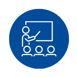 blue circle with white graphic of teacher at a board