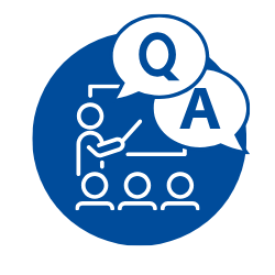 Blue icon with graphic of teacher, blackboard, and Q&A