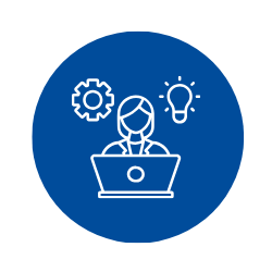 Blue icon with graphic pf person at laptop with gear