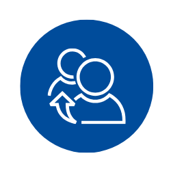 Blue icon with white graphic of people and arrow