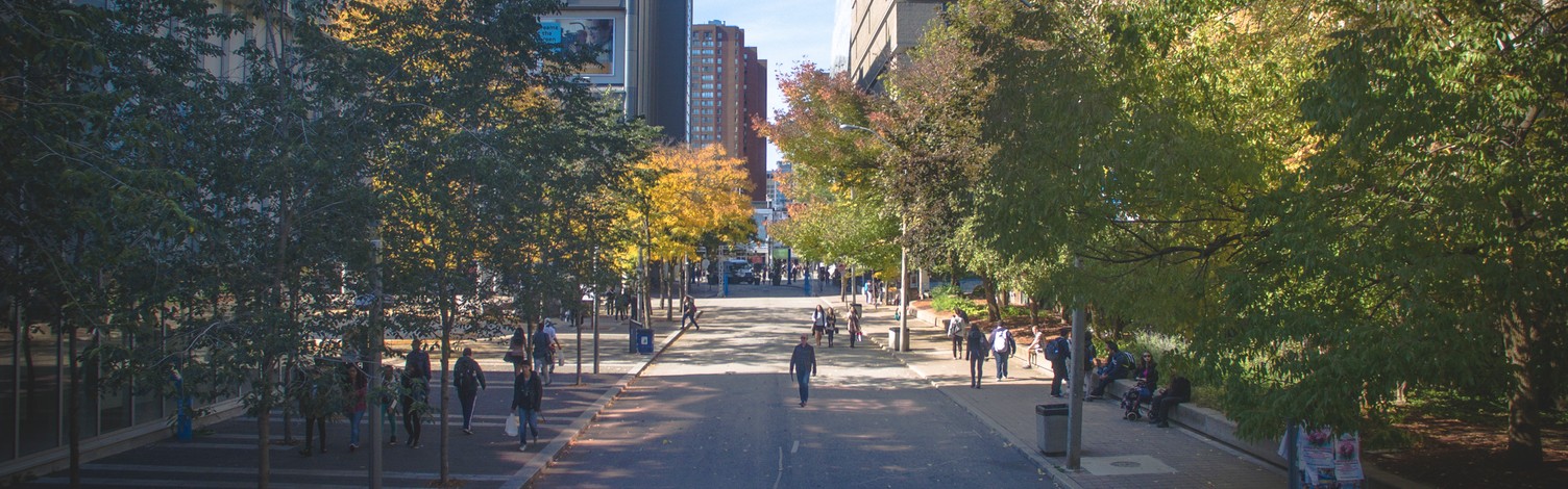 Photo of Gould St on TMU campus looking west with people walking, trees, and buildings in the background
