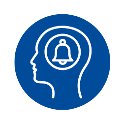 Blue circle icon with white outline of head with bell inside