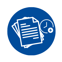 Blue circle icon with white paper and clock graphic