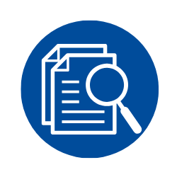 Blue circle icon with white magnifying glass over paper graphic