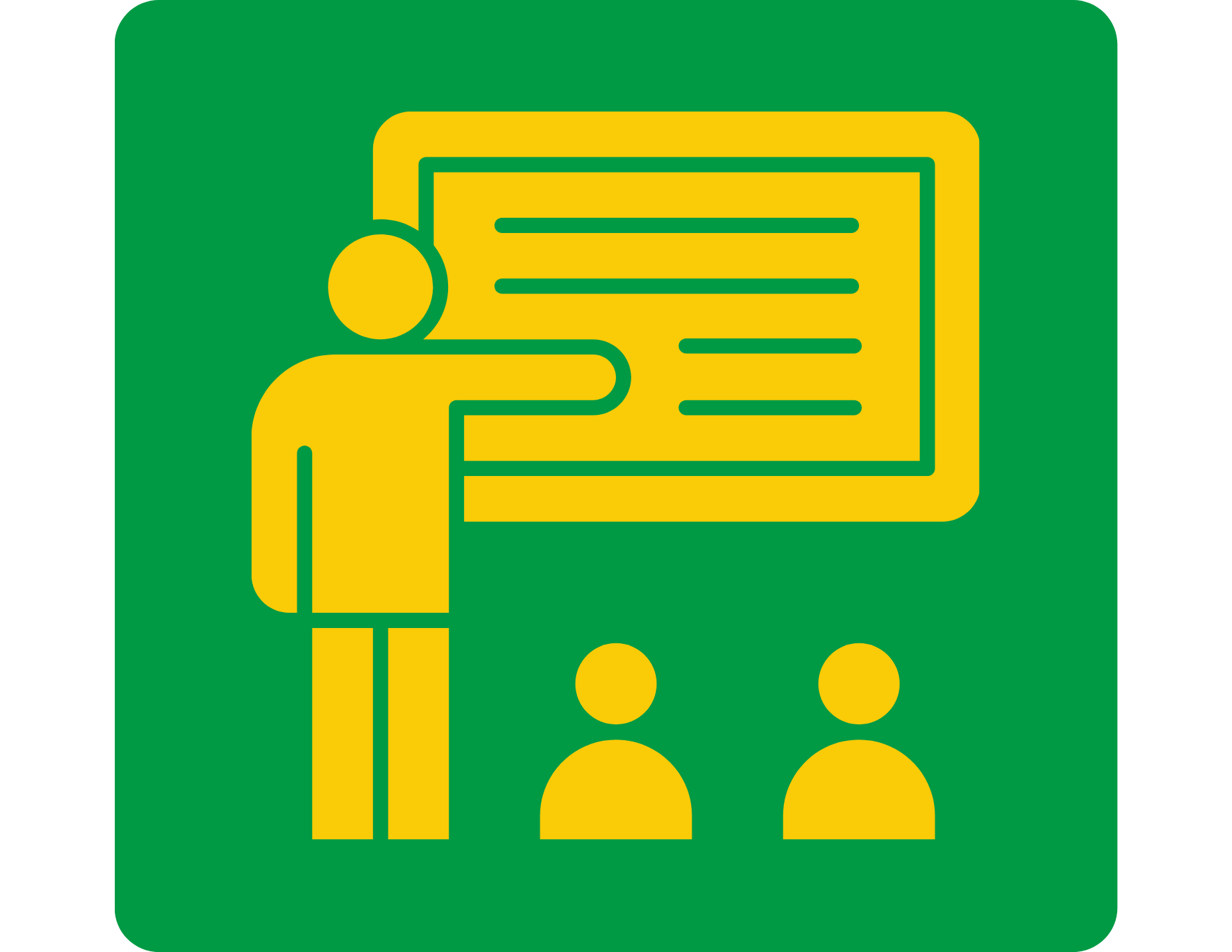 Logo with green square and yellow icon of a person pointing to a board and 2 people watching
