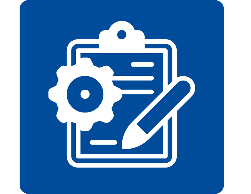 Blue square with white clipboard icon