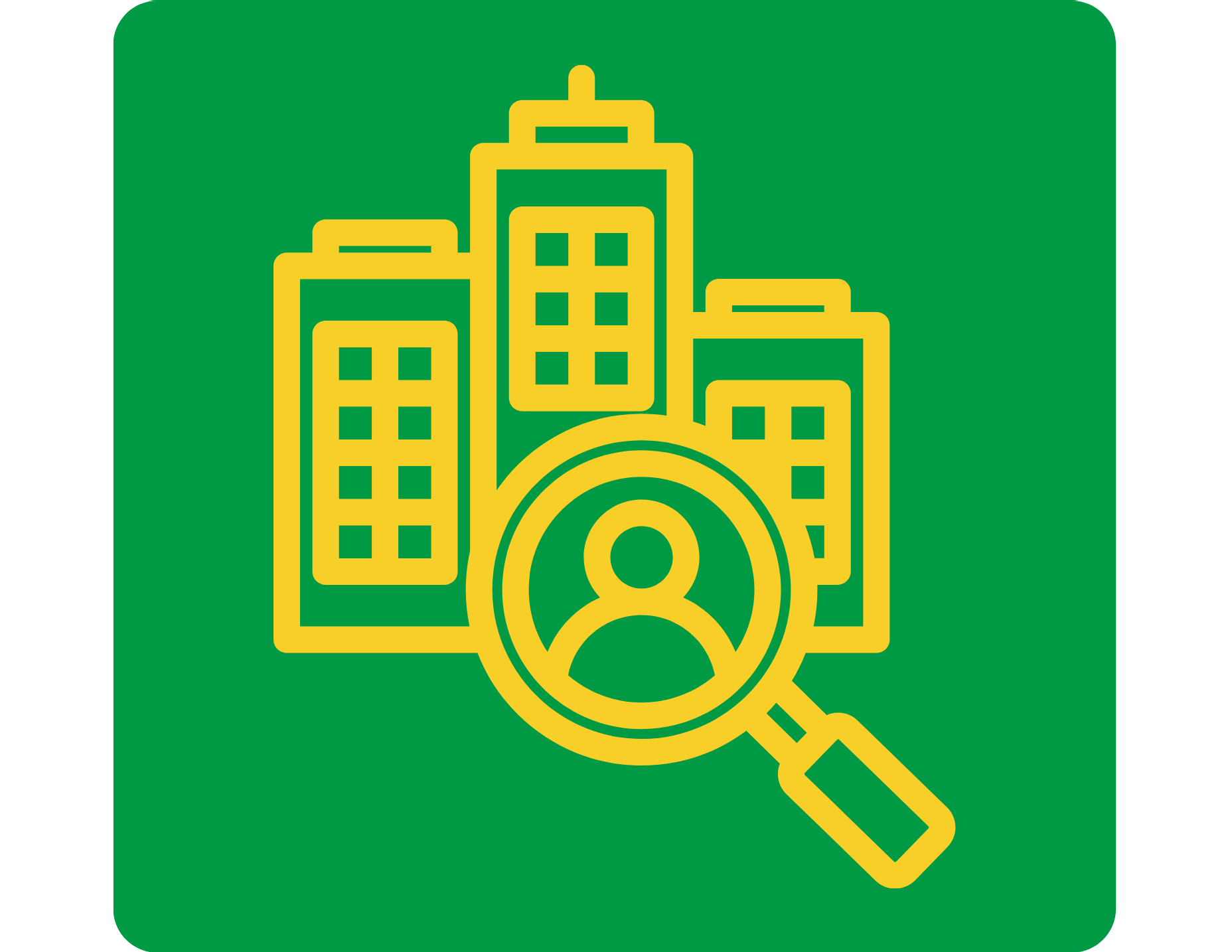 Logo with green square and yellow icon of a magnifying glass over a person in the foreground and a building in the background