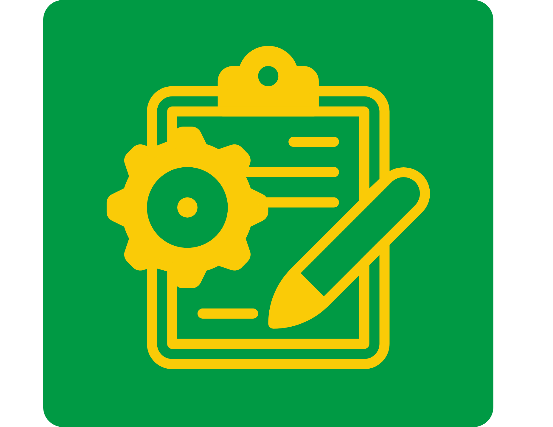 Logo with green square and yellow icon of a clipboard and pencil and gear