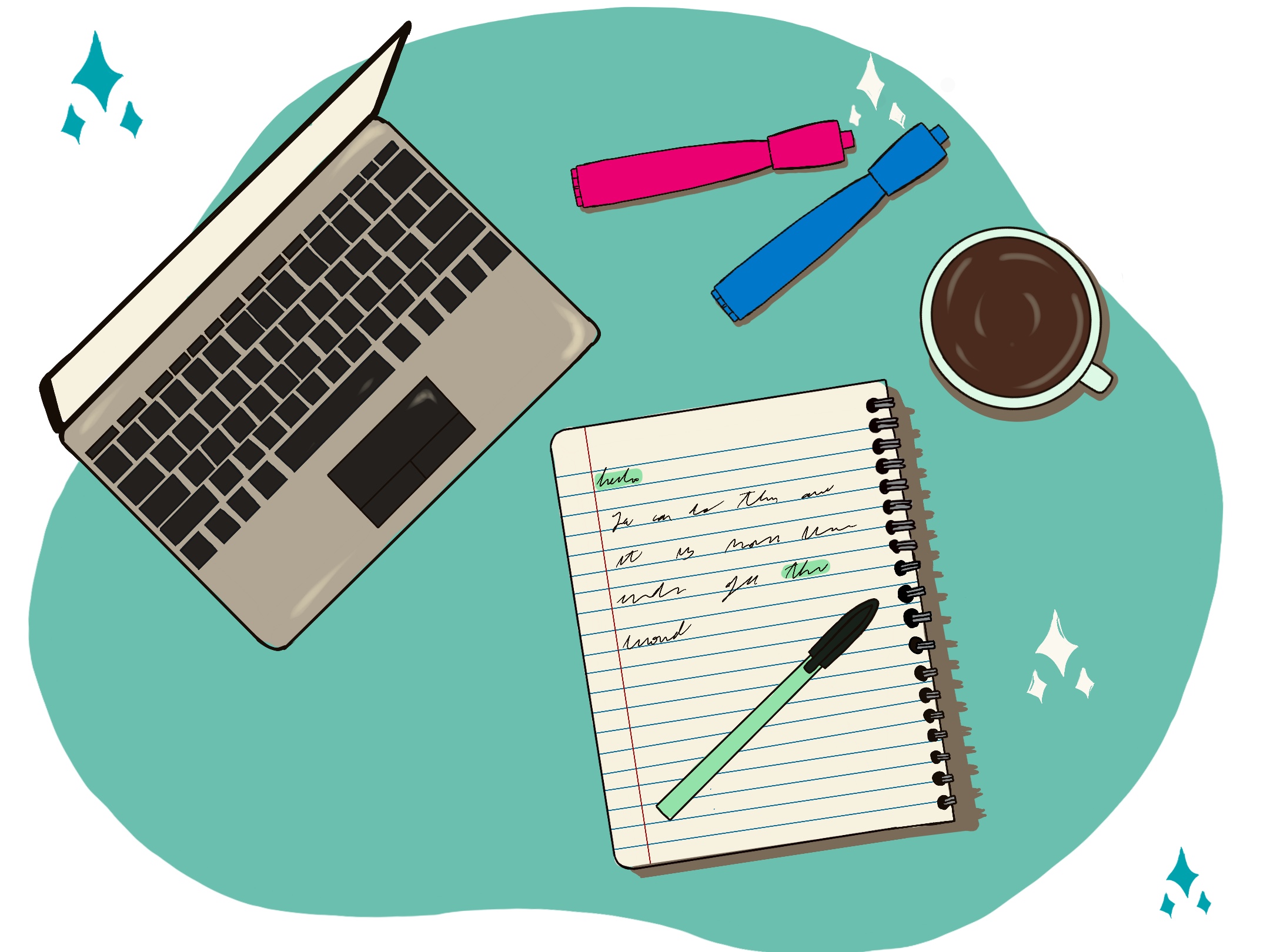 Cartoon drawing of work desk with laptop, notebook, writing utensils and coffee mug.