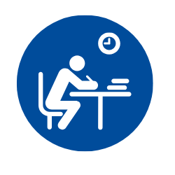 Blue circle icon with graphic of a person writing a test