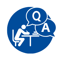 blue icon with graphic of someone writing test and Q&A bubble