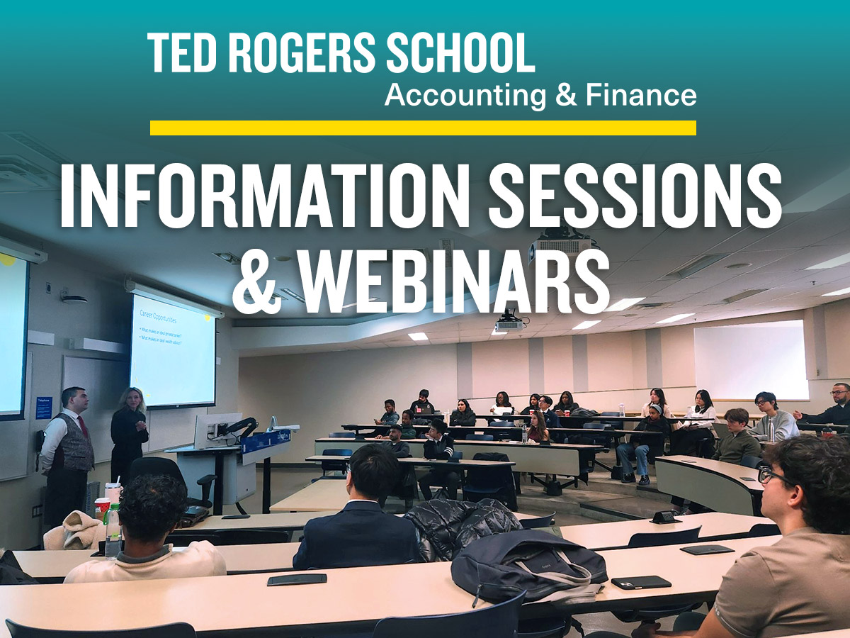 School of Accounting and Finance's information sessions and webinars with a photo of a classroom with students and presenters