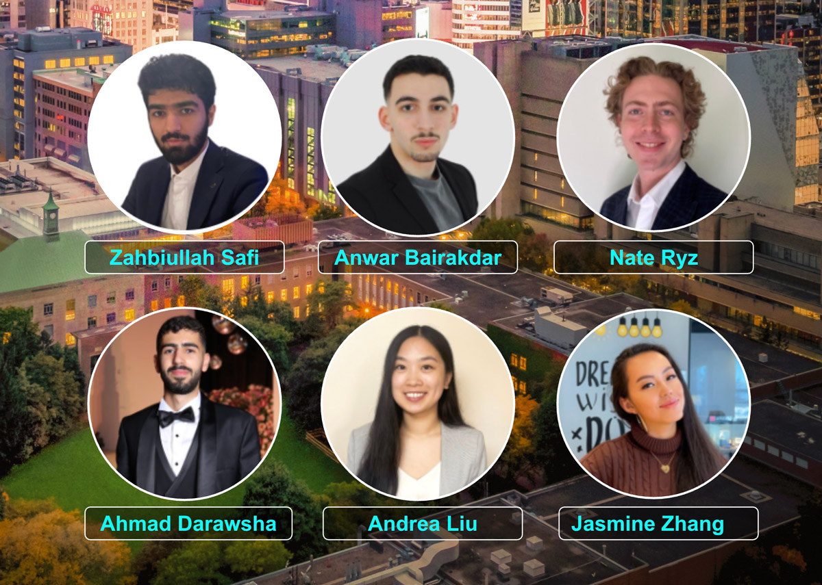 Six 2025 RITC participants' portraits in formal attire are arranged on a cityscape background. Zahbiullah Safi, Anwar Bairakdar, Nate Ryz, Ahmad Darawsha, Andrea Liu and Jasmine Zhang.