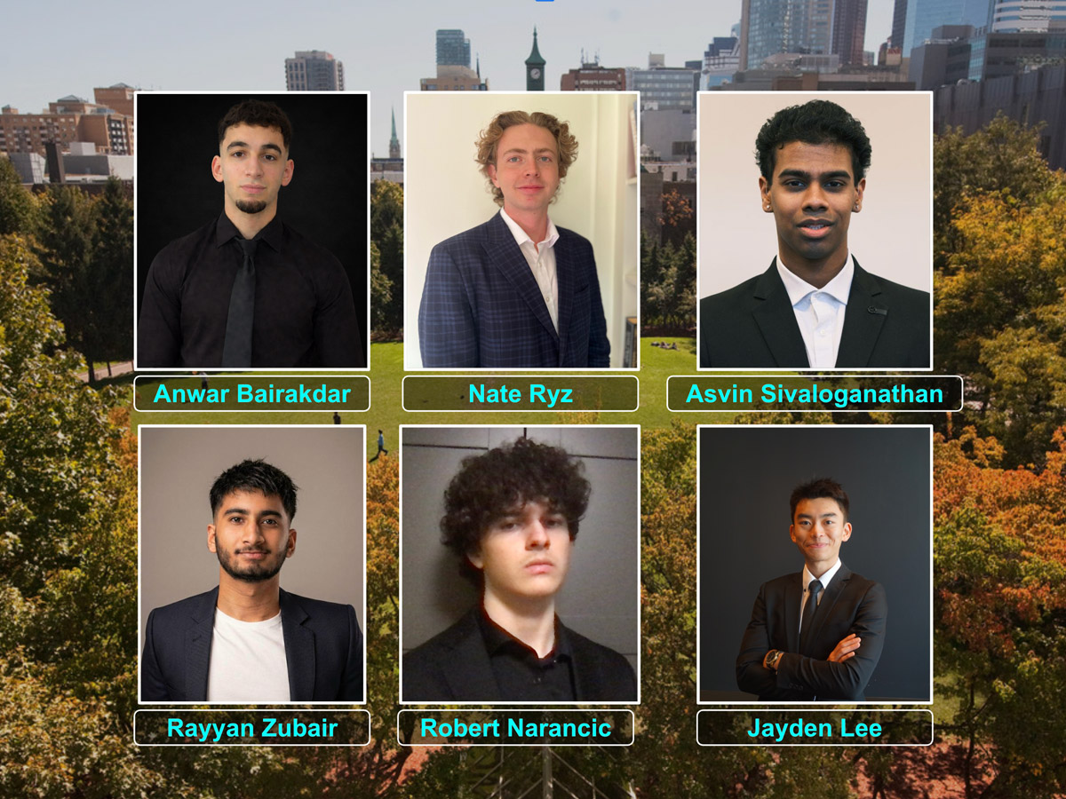 Six RITC male participants' portraits in formal attire are arranged on a cityscape background. Anwar Bairakdar, Nate Ryz, Asvin Sivaloganathan, Rayyan Zubair, Robert Narancic and Jayden Lee.