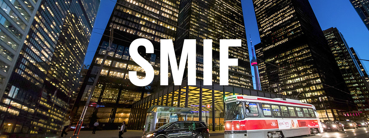 SMIF banner with a busy Toronto street at night as background