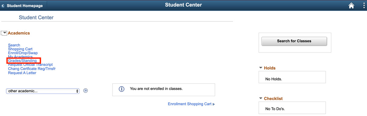 Student Center in MyServiceHub with Grades/Standing link highlighted in Academics section.