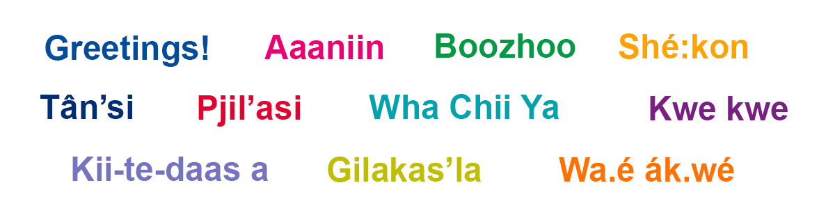 Greetings! Aaaniin, Boozhoo, Shé:kon, Tân’si, Pjil’asi, Wha Chii Ya, Kwe kwe, Kii-te-daas a, Gilakas’la, Wa.é ák.wé