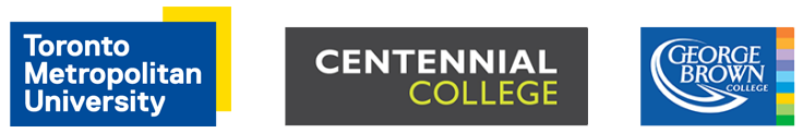 Toronto Metropolitan University, Centennial College, and George Brown College logos