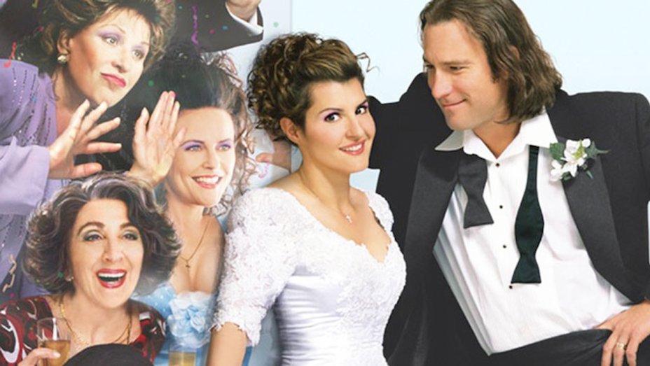 The movie trailer poster for My Big Fat Greek Wedding, with Nia Vardolos in the centre, wearing a wedding dress