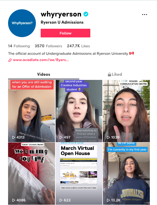 Screenshot of University's Admissions TikTok page