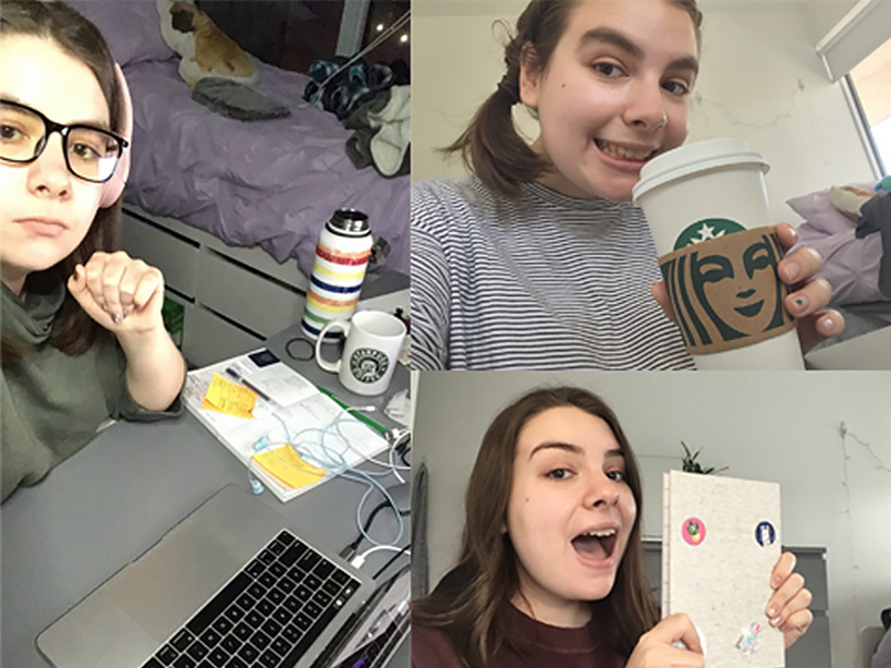 Collage of Jenna doing various things, drinking Starbucks, holding her notebook, Jenna on her computer