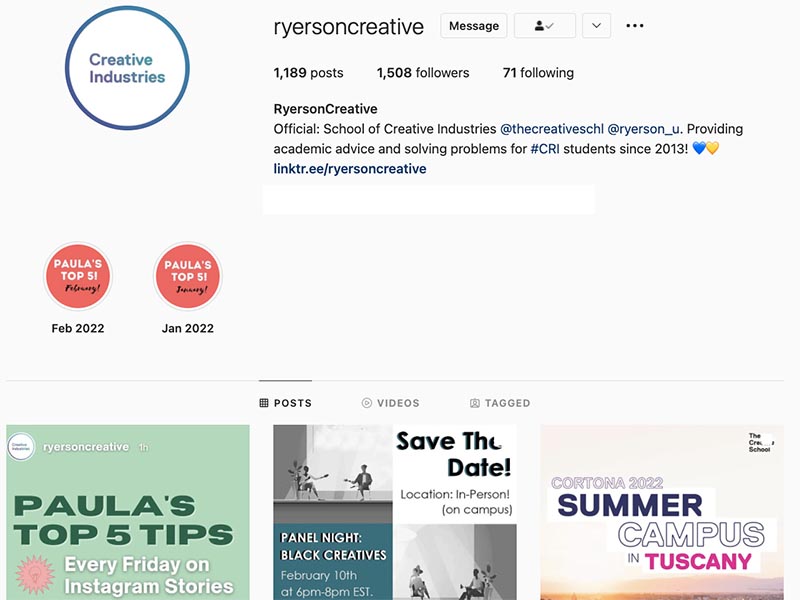 A screenshot of Creative Industries Academic Advising's Instagram page where their Instagram highlights of Paula's Top Five tips and their posts can be seen. 