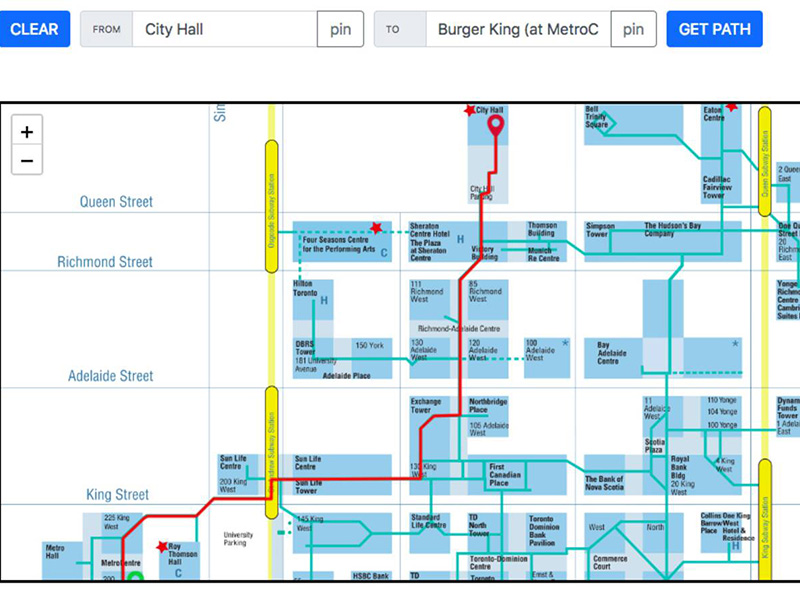 A screenshot from the pathmap showing the route between City Hall and Burger King