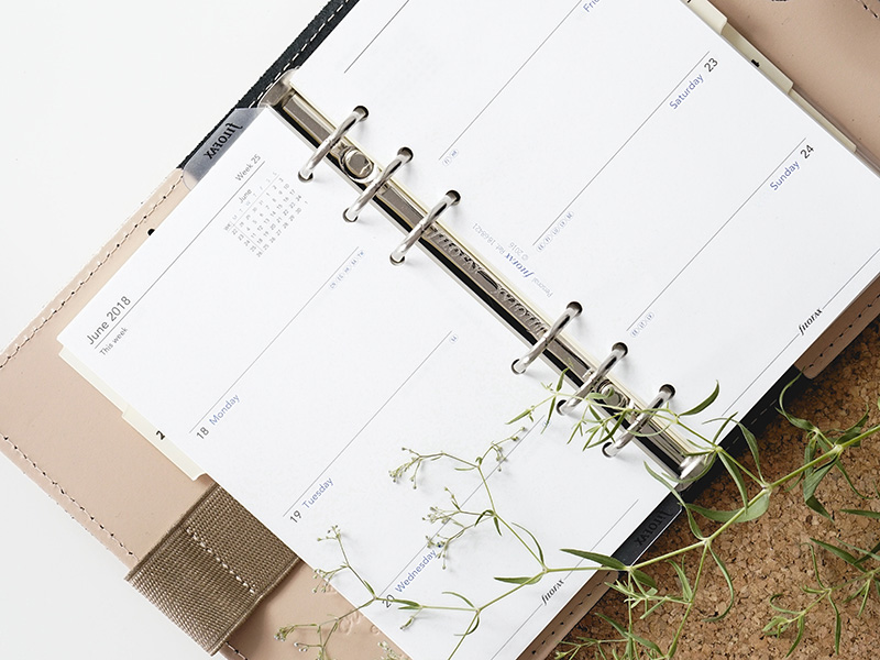 A planner is open to a weekly calendar page.