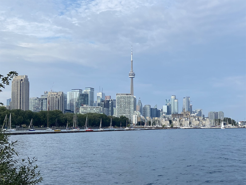 The Toronto skyline's view from Trillium Park in Ontario Place.