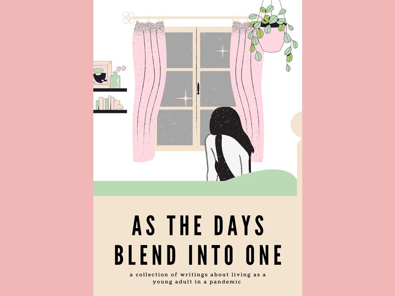 Our ebook cover for our book "As The Days Blend Into One", which features a girl looking out a window with pastel room accents.