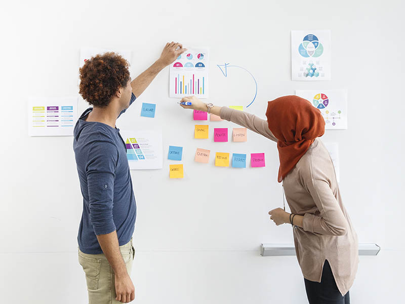 Two students work together on schoolwork on a whiteboard wall.