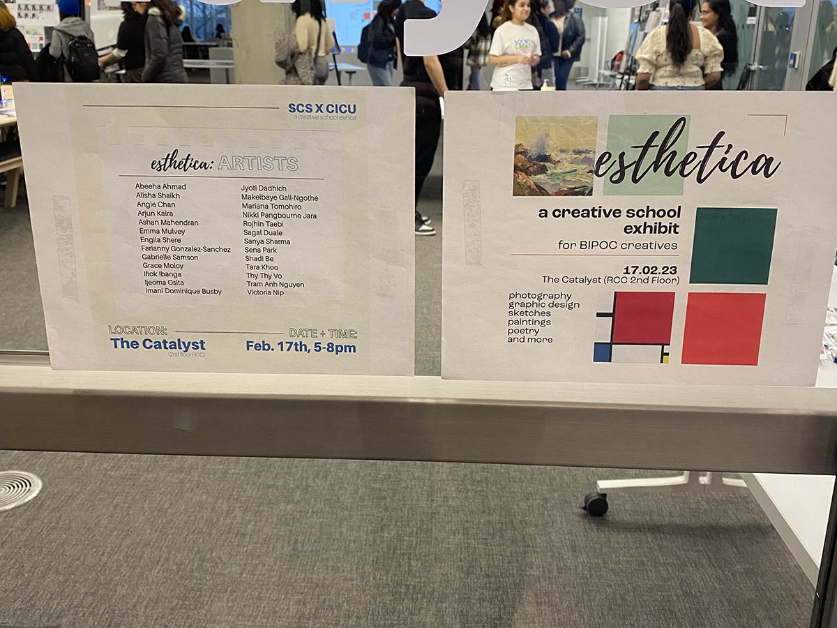 Signs advertising the esthetica exhibit and the artists showcasing their works.