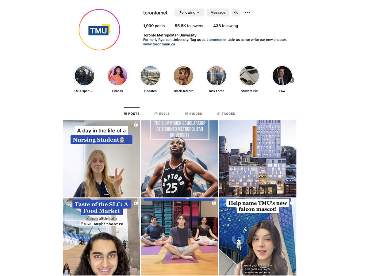 A screenshot of the official TMU Instagram page.