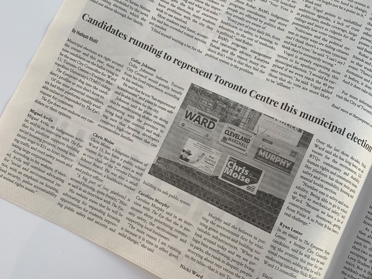 A newspaper article on the municipal elections, written by Hadiqah Khalil, printed in The Eyeopener.
